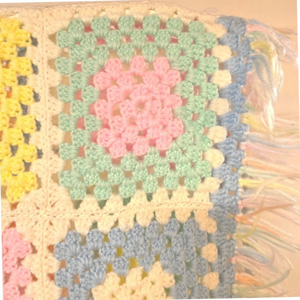 Handmade Bright Multi Color Crochet Granny Square Baby‎ Blanket Fringed Afghan